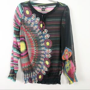 DESIGUAL | Colorful Sheer Top Elastic Waist Small